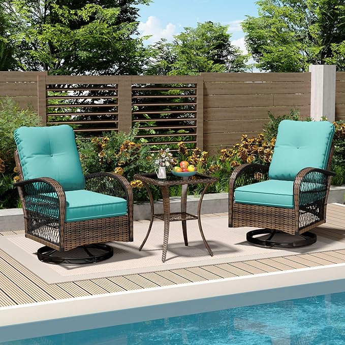 MELLCOM 3 Pieces Patio Furniture Set, Outdoor Swivel Rocker Patio Chairs, Wicker Patio Bistro Set with Rocking Chair, Thickened Cushions and Glass Coffee Table for Backyard, Garden, Blue
