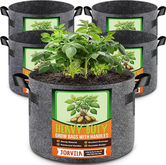 Jorvila 5 Pack 10 Gallon Grow Bags, Thickened Nonwoven Fabric Planter Pots with Handles, Heavy Duty 300G Garden Pots for Tomato, Potato and Vegetable