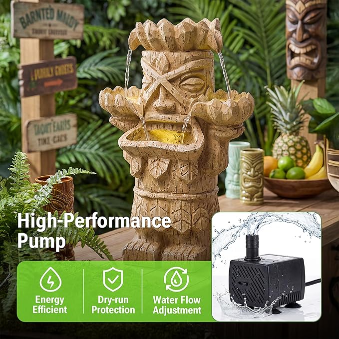 20-Inch Outdoor Water Fountain, 3-Tier Polynesian Tiki Head Resin Waterfall Fountain with 4 Warm LED Lights, Home Art Decor for Garden, Patio, Yard, Deck, Porch, Deck or Lawn in Natural Wood