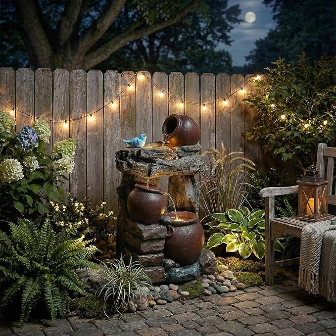 26-Inch Outdoor Water Fountain, 5-Tier Cascading Jars & Wood Design Resin Garden Fountain with Bird Accent & 4 LED Lights, Home Decor for Farmhouse, Patio, Backyard, Deck, Lawn in Brown