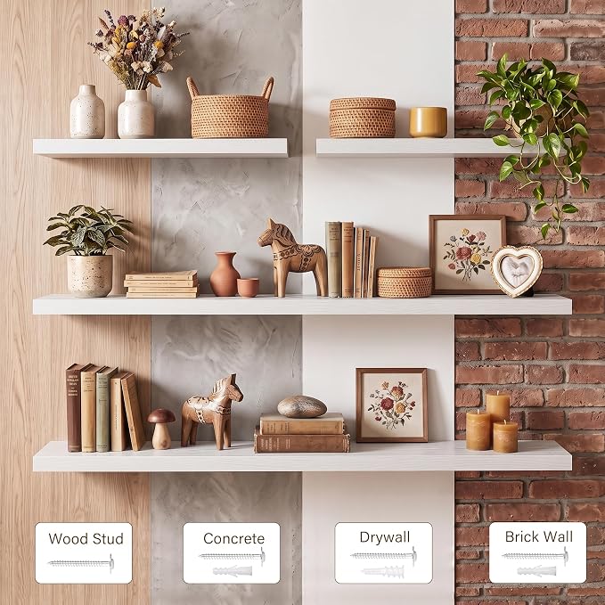 Acovy 8in Square Floating Shelves 4 PCs, Wall Mounted Display Shelf, White | Invisible Brackets, 15lb MDF, 8x8in Square, Easy Install, For Bedroom, Bathroom, Living Room, Kitchen & Office