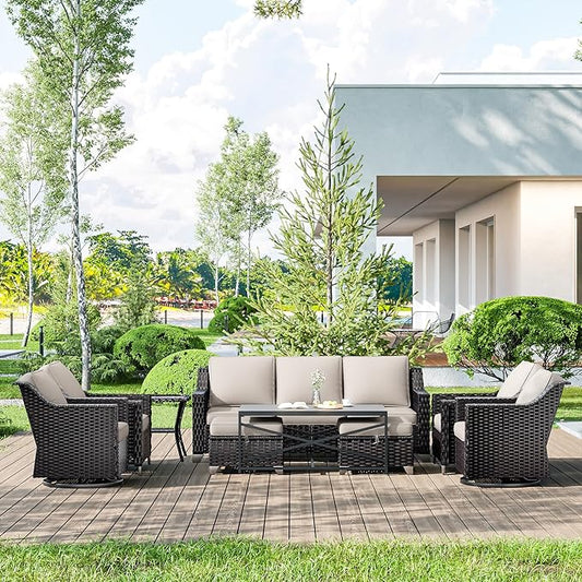 9 Pieces Wicker Patio Furniture, Luxury Outdoor Furniture with 2 Patio Swivel Chair, 2 Chair, 3-Seater Sofa, 2 Ottoman, 1 Coffee Table and 1 Side Table, Wide Armrest, Thickened Cushions