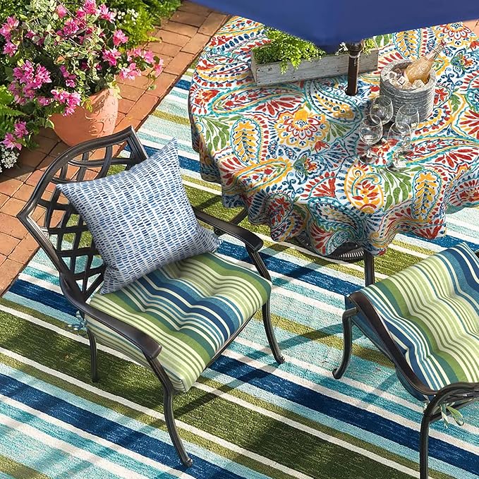 DYTXIII Set of 2 Outdoor Chair Cushions 19"x19"x4", Water Repellent Tufted Patio Seat Cushions with Ties, Thick Replacement Pads for Wicker Dining Chairs, Patio Furniture, Stripe Blue Green