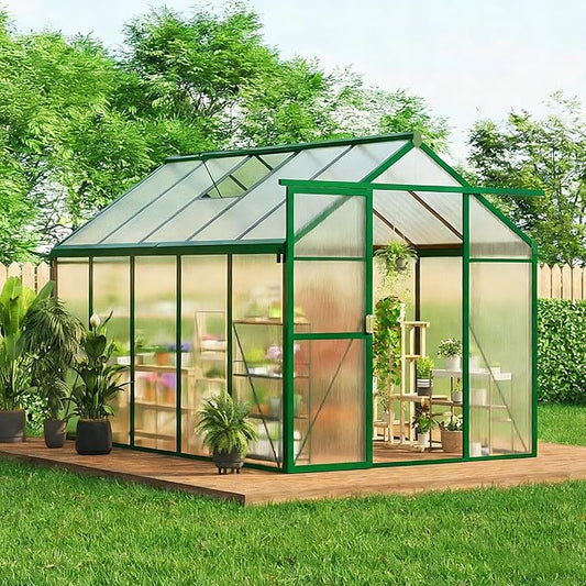 GarveeHome 6X10 FT Greenhouse for Outdoors, Walk-in Greenhouse Kit with Aluminum Frame, Polycarbonate Panels, Adjustable Roof Vent, Sliding Door, Secure Lock for Outside Garden, Patio, Backyard