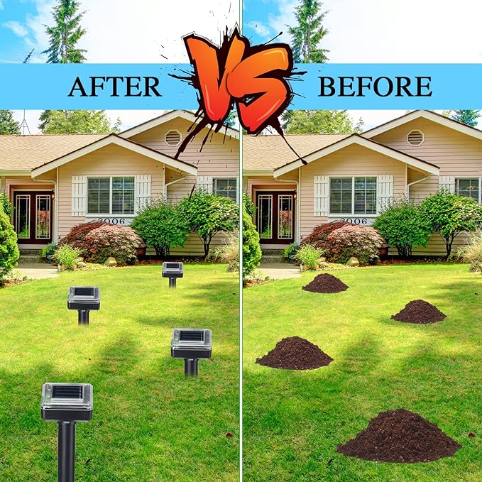 Solar Mole Repellent Ultrasonic Powered Outdoor Sound Wave Deterrent for Lawn Garden Snakes Moles Gophers Groundhogs Voles and Other Burrowing Mice(6 Pieces,Large)