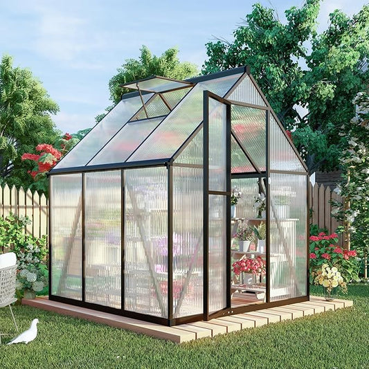 6 x 6 FT Greenhouse for Outdoors, Polycarbonate Greenhouse with Quick Setup Structure and Roof Vent, Aluminum Large Walk-in Green House for Outside Garden Backyard, Charcoal Black