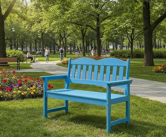 GarveeLife 2-Person Poly Lumber Garden Bench, Slatted Patio Loveseat, Weather-Resistant Outdoor Seating for Yard, Garden, Porch, Park or Backyard, Blue