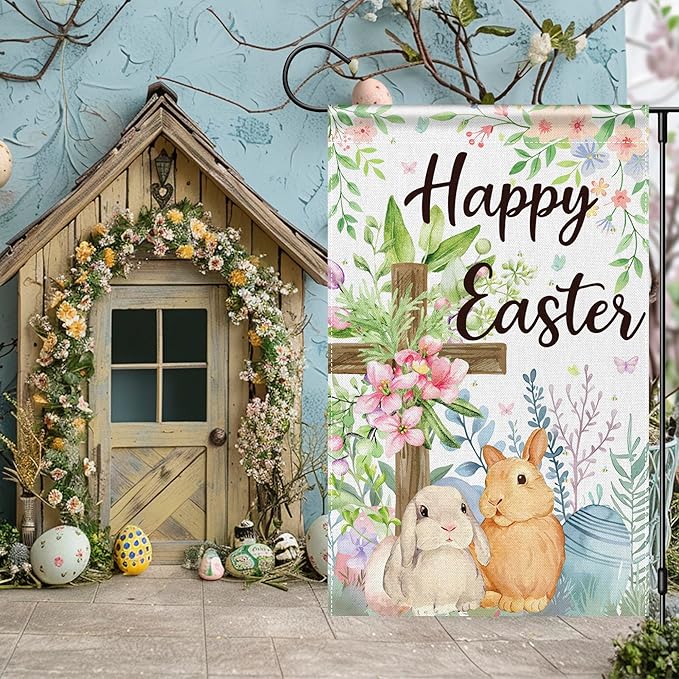 OHOME Easter Decorations - Happy Easter Garden Flag | Easter Party Decorations for Indoor Outdoor Outside - Easter Garland Banner for Front Door | Easter Backdrop Wreath for Window Wall - Easter Decor
