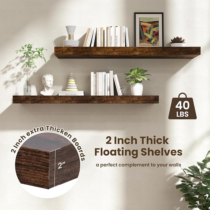 FLYJOE 48 Inch Floating Shelves, 12'' Deep Brown Shelves for Wall Set of 2