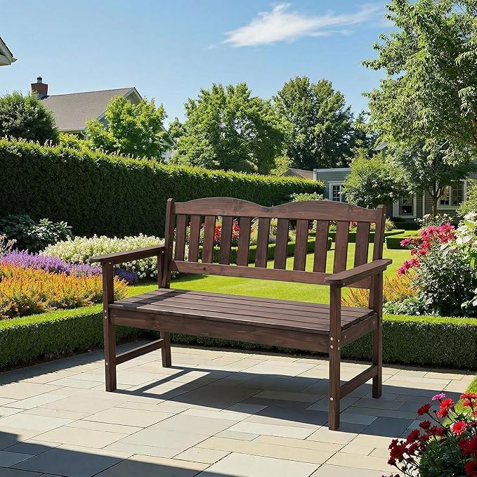 GarveeLife 2-Person Poly Lumber Garden Bench, Slatted Patio Loveseat, Weather-Resistant Outdoor Seating for Yard, Garden, Porch, Park or Backyard, Brown