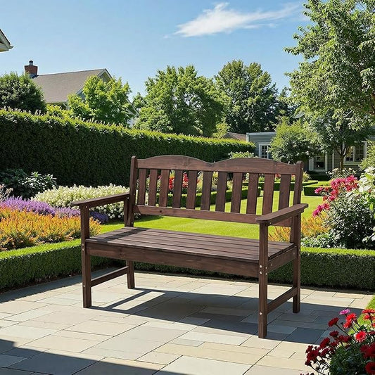 GarveeLife 2-Person Poly Lumber Garden Bench, Slatted Patio Loveseat, Weather-Resistant Outdoor Seating for Yard, Garden, Porch, Park or Backyard, Brown