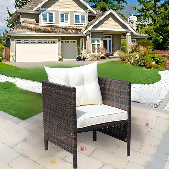 Patio Dining Chairs with Cushions, Outdoor Wicker Chairs for Fire Pit Garden Poolside, Rattan Chair with Beige Seat