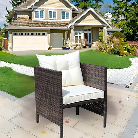Patio Dining Chairs with Cushions, Outdoor Wicker Chairs for Fire Pit Garden Poolside, Rattan Chair with Beige Seat