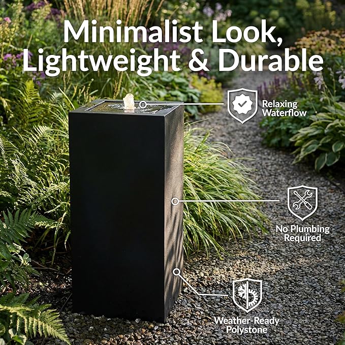 Sunnydaze Outdoor Water Fountain with LED Light - Modern Rectangle Bubbler Water Feature with Pump - 29.5" H - for Patio, Garden, Deck, Relaxation and Stress Relief - Black