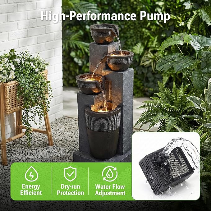 34-Inch Outdoor Water Fountain, 4-Tier Cascading Bowls Resin Waterfall Fountain with 3 Warm LED Lights, Rustic Water Feature for Garden, Patio, Deck, Porch, Backyard, Farmhouse in Gray