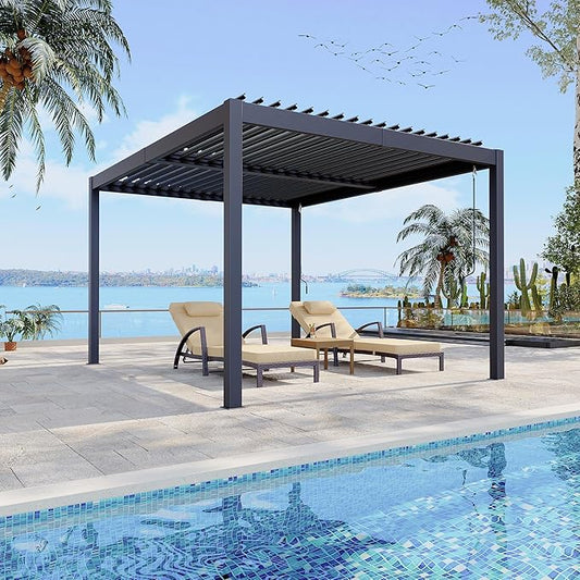 10x12 ft Adjustable Louvered Pergola, Independent Rainproof Roof, Outdoor Aluminum Patio Cover with Hidden Drainage for Garden Deck, Modern Gray