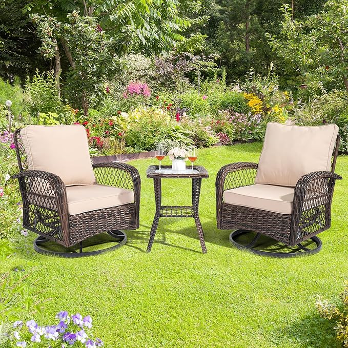 VINGLI 3 Pieces Patio Furniture Set, Patio Swivel Rocking Chairs Set of 2, Outdoor Bistro Set Swivel Rocker, Outdoor Porch Chairs and Bistro Table for Porch