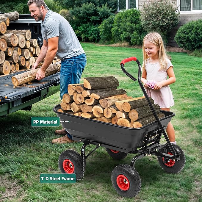 Autodaya 600lb Garden Dump Cart,4 Cu.Ft Utility Wagon Wheelbarrows with Quick-Release System&4 Pneumatic Tires,Heavy Duty Yard Dump Wagon with Steel Frame for Farm, Garden,Christmas Hauling(Black)