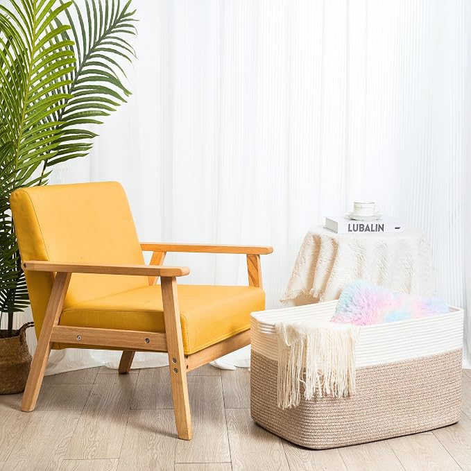 MINTWOOD Design 22in Extra Large Blanket Basket Holder Living Room, Rectangle Rope Woven Storage Basket with Handles for Laundry, Pool Towels, and Shoes, Dog Toy Organizer Bin Box, Light Brown