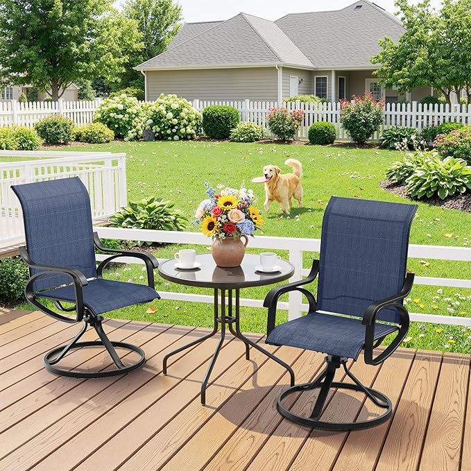 Patio Swivel Chairs Set of 2, All Weather Outdoor Rocking Chair with Textilene Breathable Back, Metal Frame, Patio Dining Chair for Backyard, Garde, Porch and Deck (2, Dark Blue)