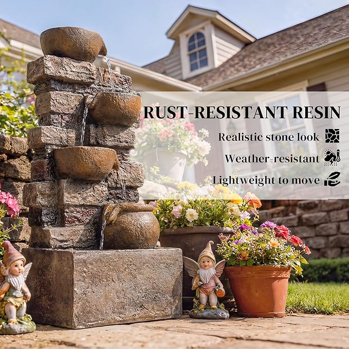 Outsunny 28" Outdoor Fountain with 5-Tier Rustic Jugs and Rock, Cascading Waterfall with LED Lights, Adjustable Flow, Resin Freestanding Garden Fountain for Garden Patio, Rustic Brown