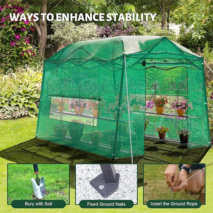 11 x 8.5 ft Portable Pop-up Walk-in Greenhouse, Portable Pop-up Green House 3 Adjustable Height Heavy Duty Plant Gardening Canopy with Durable PE Cover for Indoor Outdoor