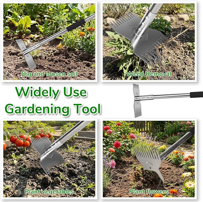 Garden Weed Tool,Portable Gardening Weeder Tool,63" Weeding Tools Gardening long Handle,24-Claw Steel Head Design - Easy weeding without bending or squatting down,Suitable for farm planting,gardening