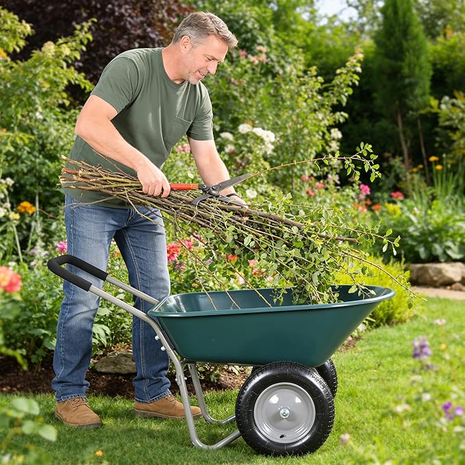 Steel Garden Cart, Heavy Duty Garden Wagons, Wheel Barrow Two Wheeled Trolley, Utility Metal Wagon with 15 inch Pneumatic Wheel(Green + ABS+Steel)