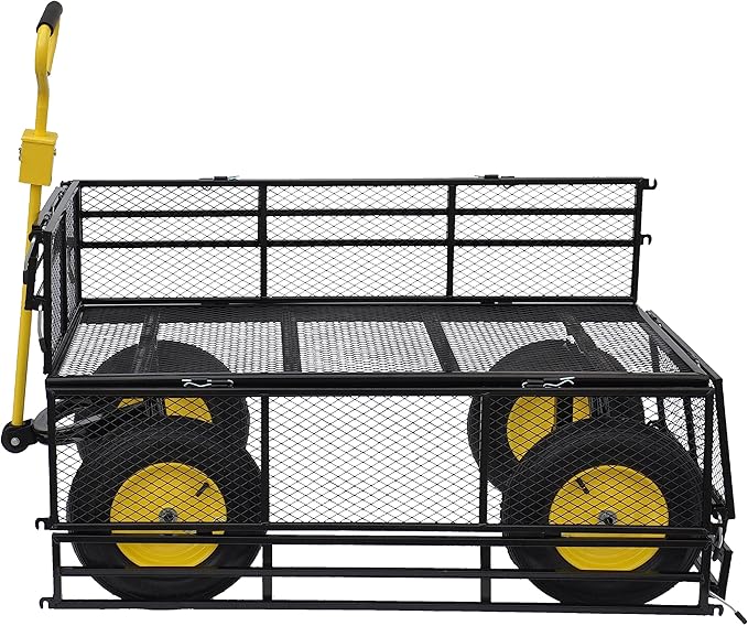 Steel Garden Cart 1100 lbs Capacity Heavy Duty Garden Wagons,with Removable Steel Mesh Sides to Convert into Flatbed,Utility Metal Wagon w/ 180°Rotating Handle (Big-Double-Layer-Pneumatic)