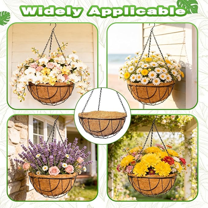 4Pack 12 Inch Metal Outdoor Hanging Baskets Black Heavy Duty Hanging Planters with Coco Liners for Indoor Outdoor Plants Gardens Patios Terraces（Earth）