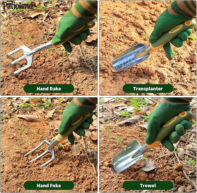 10-Piece Garden Tool Set, Green Gardening Hand Tools Kit with Ergonomic Non-Slip Handles, Heavy Duty Rust-Proof Aluminum Tools, Organizer Tote Bag & Gloves, Ideal Garden Gifts for Women and Men