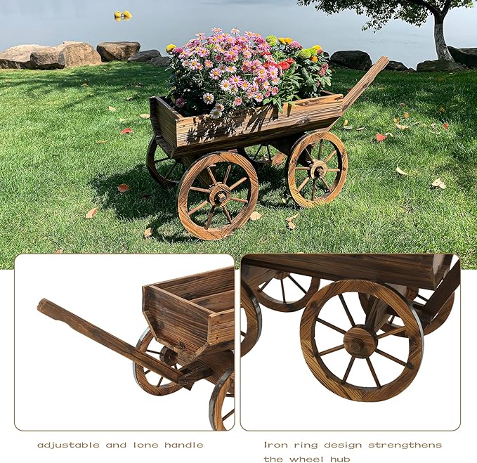 Notume Garden Wooden Decor Rustic Flower Pot,Planters Wagon Indoor Outdoor Backyard Balcony Decor,for Outside Garden Decor Wheelbarrow Planter for Patio (Wooden Wagon)