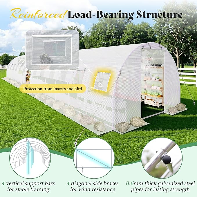AMERLIFE Large Walk-in Tunnel Greenhouse 10×44 FT with Watering System, Heavy Duty Greenhouse with 4 Support Poles, Front/Back Doors, Mesh Windows, Galvanized Steel Frame & UV-Proof PE Cover White