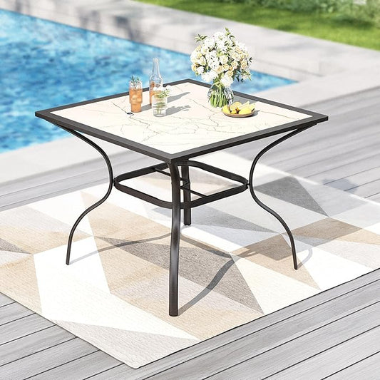 PHI VILLA 37" Patio Table for 4, Metal Dining Table with Carbon Crystal Tabletop, All Weather Wrought Iron Outdoor Furniture for Deck, Backyard, Porch
