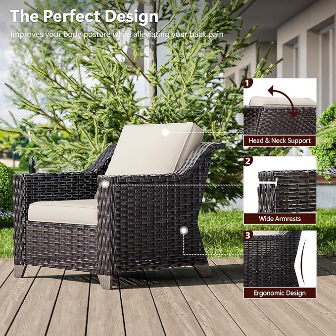 6 Pieces Wicker Patio Furniture, Luxury Outdoor Conversation Sets with 2 Patio Rattan Chair, 3-Seater Sofa, 2 Patio Ottoman and 1 Coffee Table, Wide Armrest, Thickened Cushions