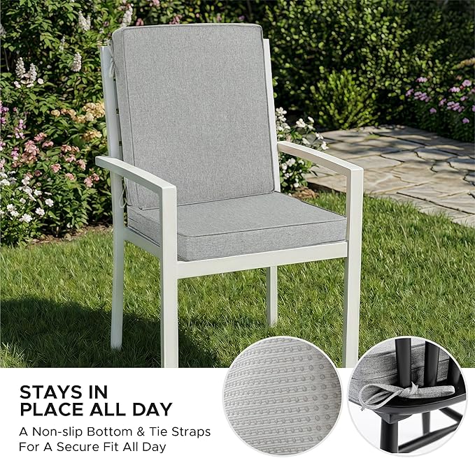 Outdoor Chair Cushions, Water-Resistant & Fade-Resistant, Patio Furniture Lawn Dining Chair Seat Replacement with Mid Back, Ties Zipper, Removable Cover, 18 x 16.5 Inch, Set of 2, Light Grey