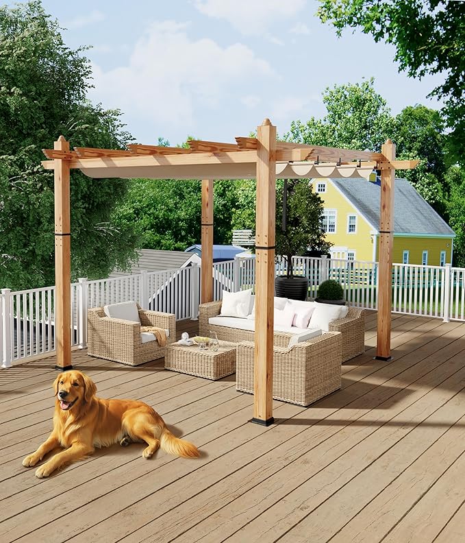 GarveeLife 10 x 10 ft Wood-Grain Aluminum Pergola Outdoor Pergola with Retractable Canopy for Garden Patio Backyard Deck - Khaki