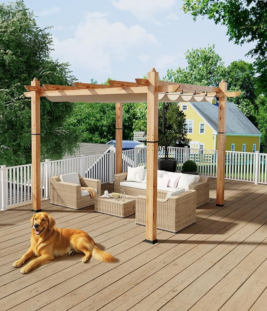 GarveeLife 10 x 10 ft Wood-Grain Aluminum Pergola Outdoor Pergola with Retractable Canopy for Garden Patio Backyard Deck - Khaki