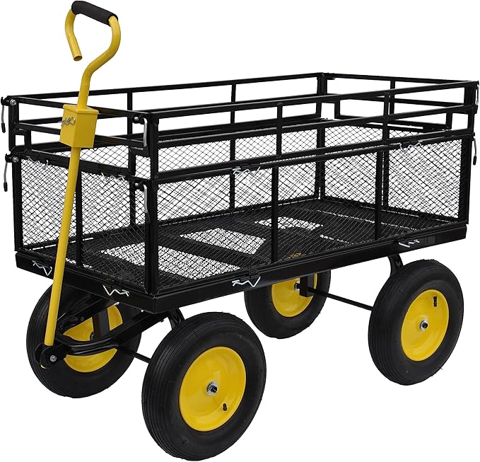 Heavy-Duty Iron Garden Cart Wagon with 1100 lbs Capacity, 15 inch Pneumatic Tires for Firewood, Debris & Outdoor Tasks - 55" L x 24" W x 46.8" H,Yellow & Black