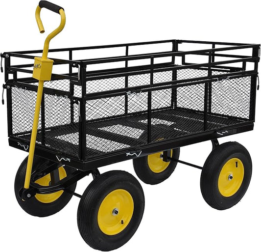 Heavy-Duty Iron Garden Cart Wagon with 1100 lbs Capacity, 15 inch Pneumatic Tires for Firewood, Debris & Outdoor Tasks - 55" L x 24" W x 46.8" H,Yellow & Black