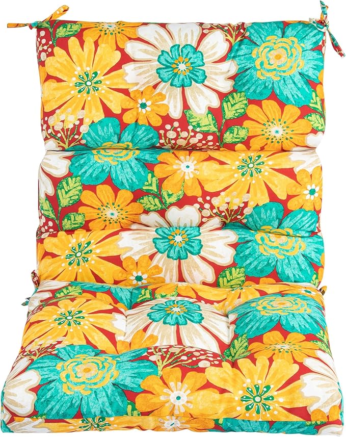 Magpie Fabrics Indoor Outdoor Tufted High Back Chair Cushion Set of 2, Waterproof All-Weather Deep Seating Rocking Chair Patio Chaise Lounge Sun Lounger Chair Cushions(Embry Red Hibiscus)