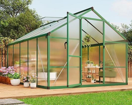 Garvee 8 x 10 ft Greenhouse, Greenhouses for Outside, Polycarbonate Greenhouse with Aluminum Frame, Lockable Door and Ajustable Roof Vent for Backyard, Green Houses for Outside Garden Backyard, Patio