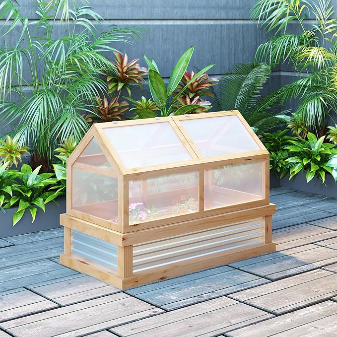 Raised Garden Bed with Polycarbonate Greenhouse, Wooden Garden Cold Frame Greenhouse, Flower Planter Protection, 48" x 24" x 32", Natural