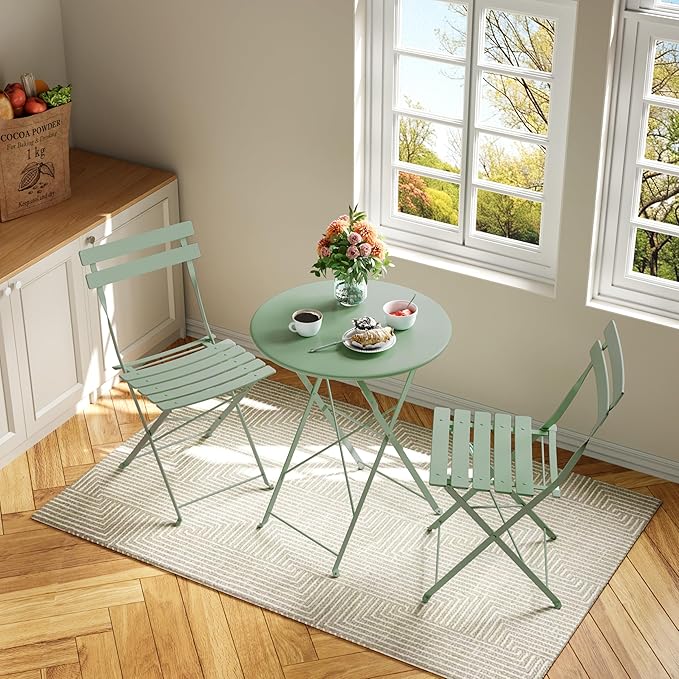 GarveeLife 3-Piece Folding Bistro Set, Foldable Patio Furniture Set with Premium Frame, Outdoor Bistro Table and Chairs Set of 2 for Patio, Garden and Balcony, Green