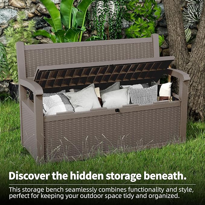 PatioZen 80 Gallon Outdoor Storage Bench Deck Box Waterproof Lockable,Outdoor Storage Furniture for Patio,Garden and Porch,Tools and Cushions（ Grey）