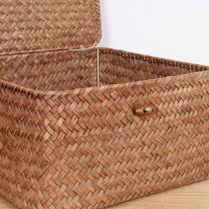 Moosky Wicker Shelf Baskets with Lid, Handwoven Seagrass Storage Basket Bins Square Gift Boxes for Shelves Home Decor Organizer (Coffee, Medium)
