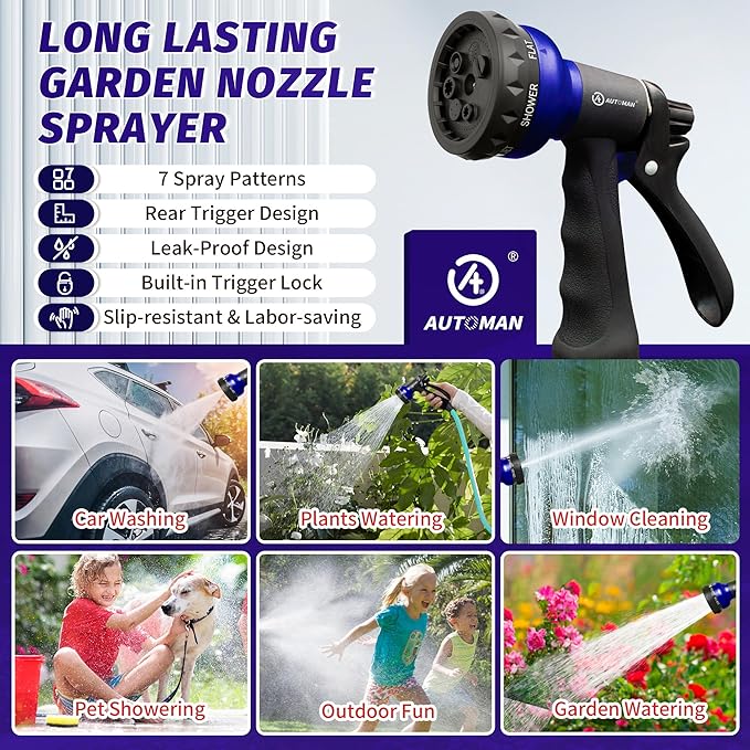 AUTOMAN Garden Hose Nozzle, 2 Pack Water Sprayer Nozzle with 7 Adjustable Watering Patterns,Slip Resistant Nozzle for Plants,Lawn,Washing Cars,Window Cleaning,Showering Pets & Outdoor Fun