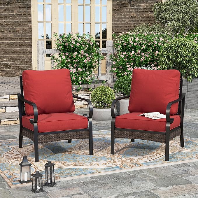 HERA'S HOUSE Patio Chairs Set of 2, High Back Outdoor Dining Chairs with Thick Cushions, All Weather Metal Frame Furniture for Garden, Backyard, Deck, Red