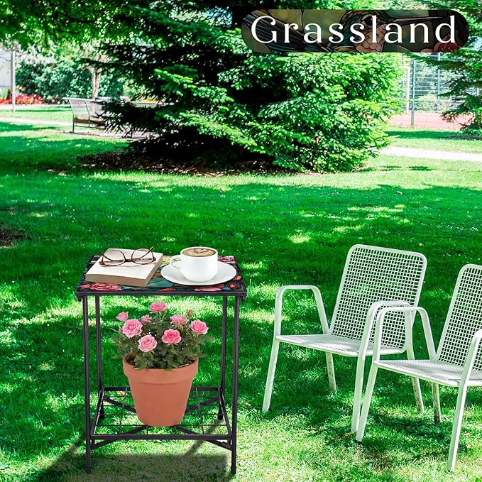 Cinnvoice Outdoor Side Table 2-Tier Storage Square Small Mosaic Patio Accent Indoor End Plant Coffee Tea Table for Yard Patio Porch Garden Living Room, Bedroom(Hummingbird Style)