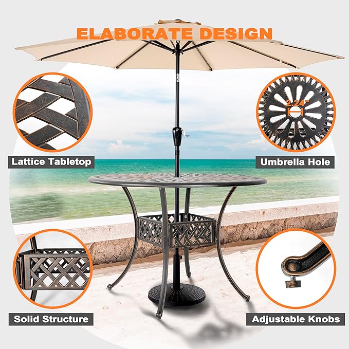 NUU GARDEN Cast Aluminum Outdoor Round Dining Table 42 Inch Patio Table with 2.24 Inch Umbrella Hole for Garden Backyard Balcony Black with Gold-Painted Edges